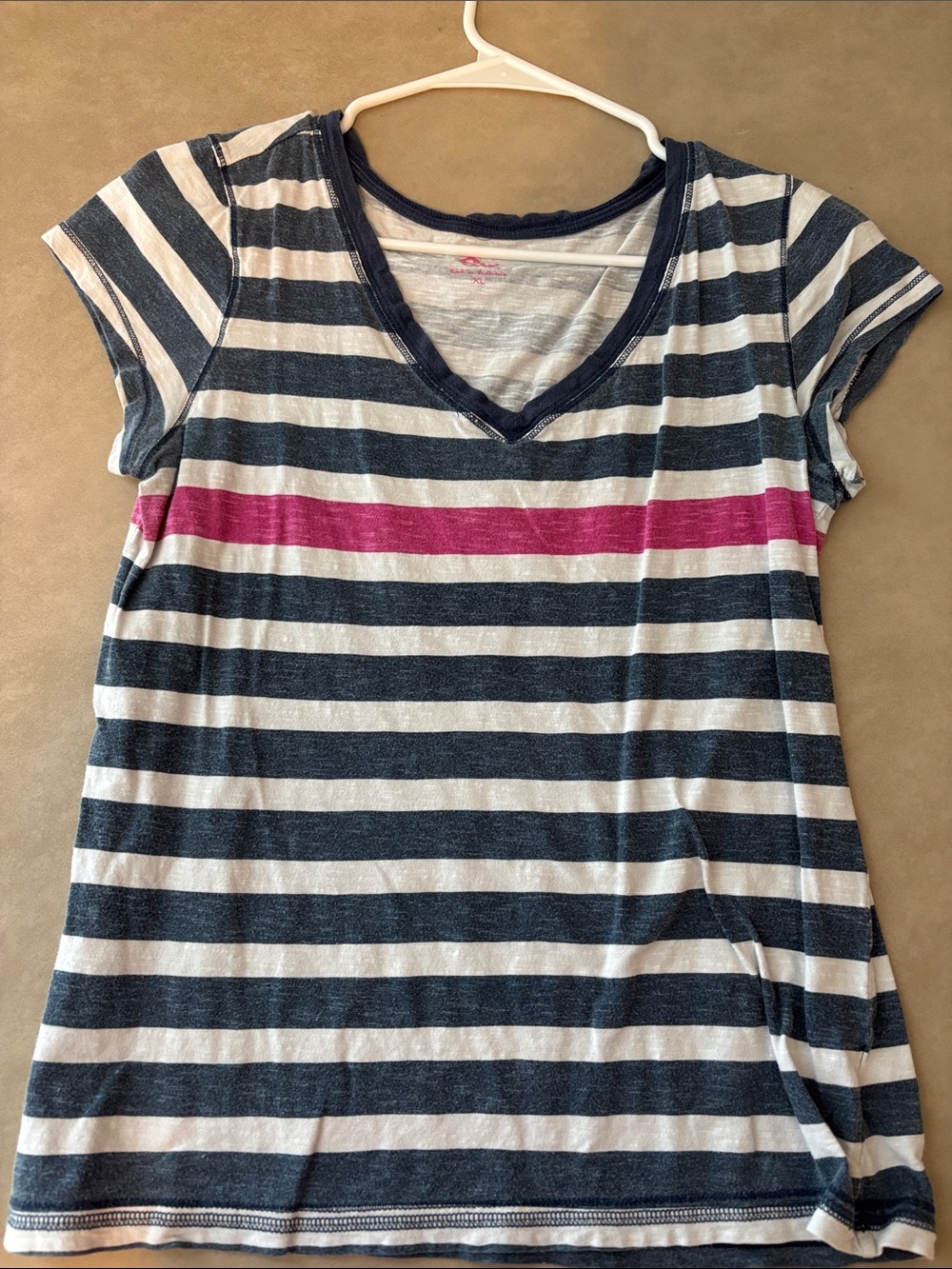SO Navy, White & Pink Striped V-Neck Tee
